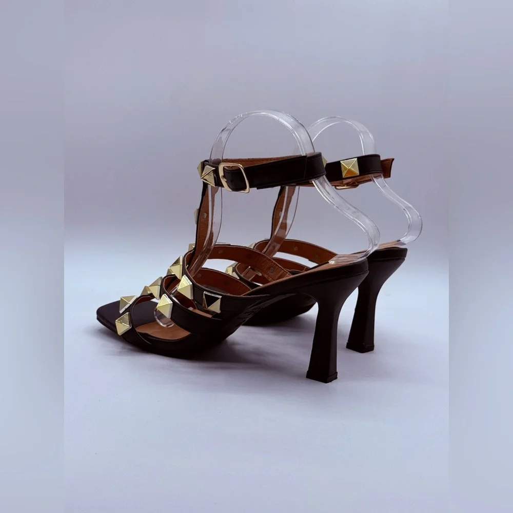 Nicole Miller NY Gold Studded Black Heeled Sandals – Ankle Strap Fashion Heels - Picture 7 of 16